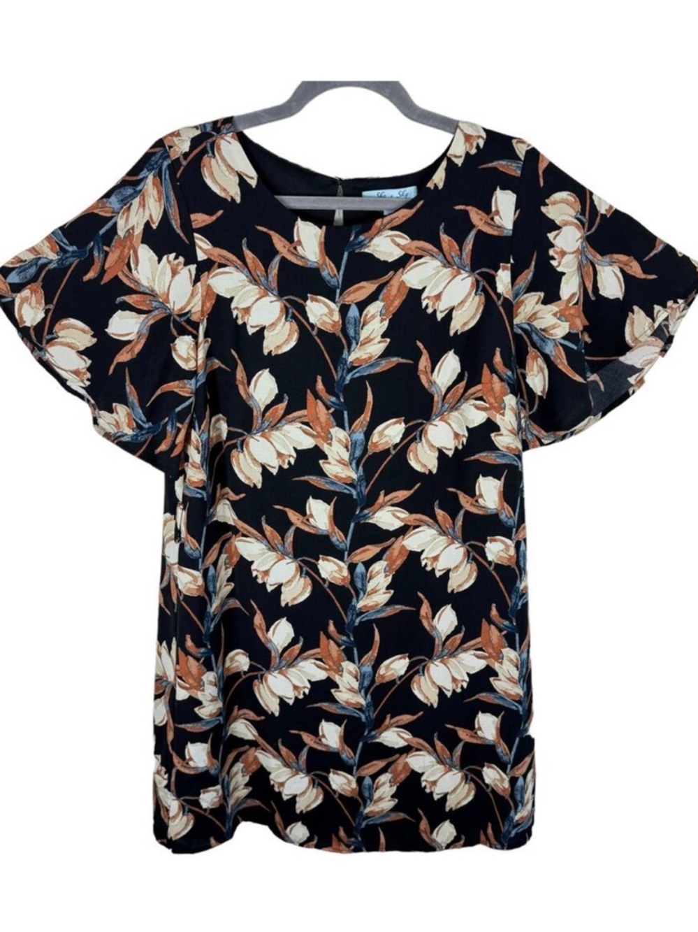 She + Sky Floral Print Flutter Sleeve Round Neck Short Lined Shift Dress Size M